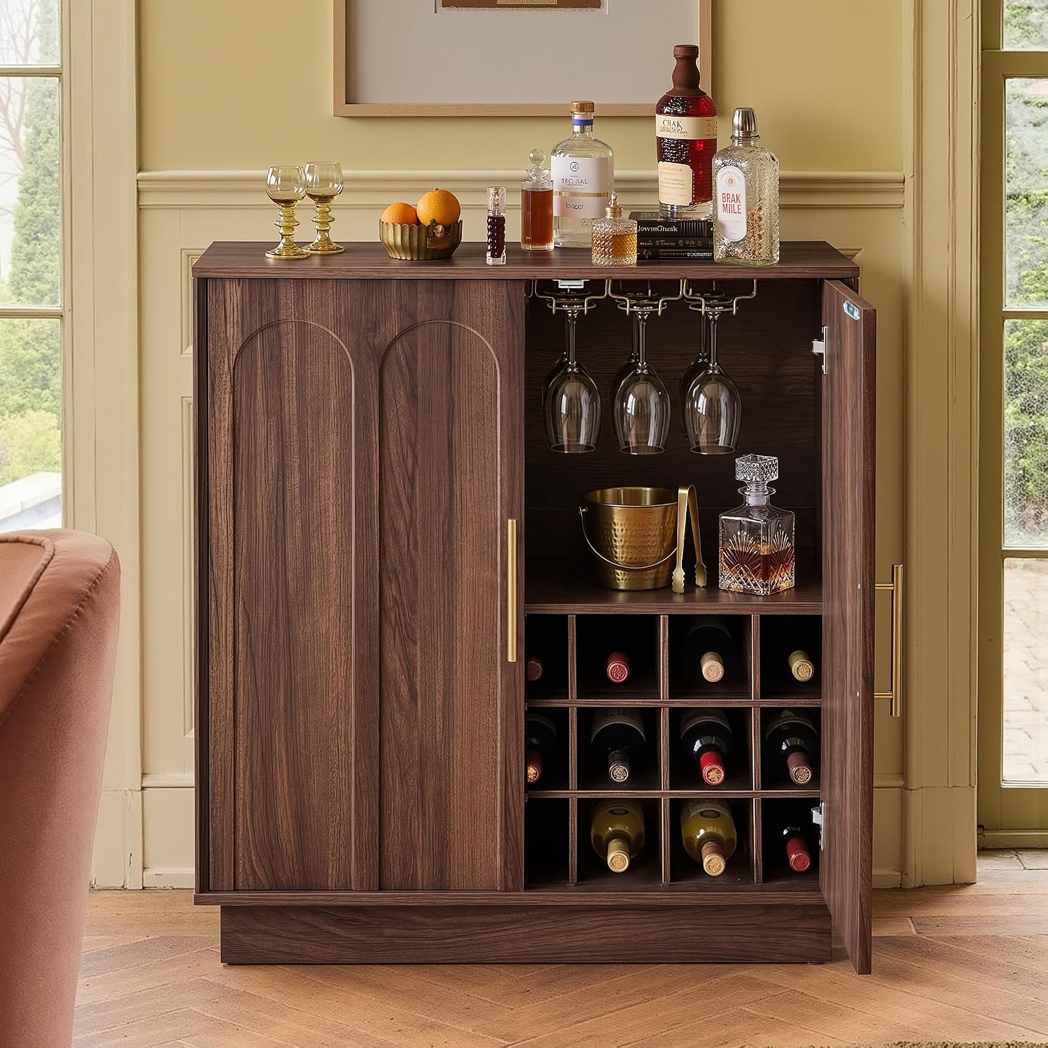 Liquor Cabinet with 3 Stemware - Home Bar And Cabinet 评论和价格